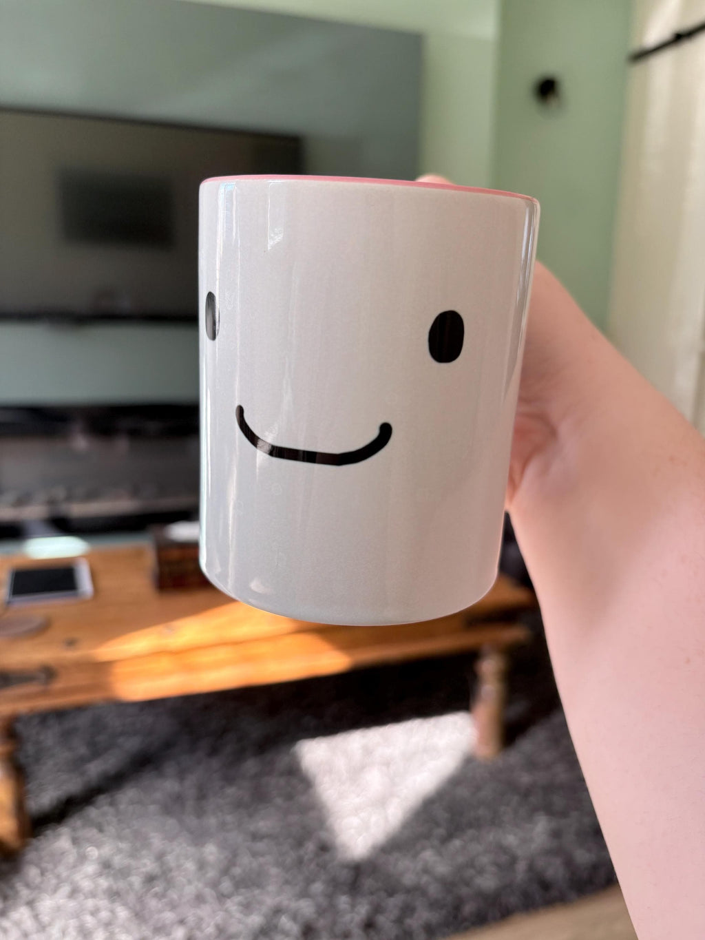 Smiley Face Ceramic Mug, Kawaii Coffee Cup, Cute Aesthetic Mug Gift for Her, Pink Interior Matcha Cup, Happy Face Coffee Lover Gift