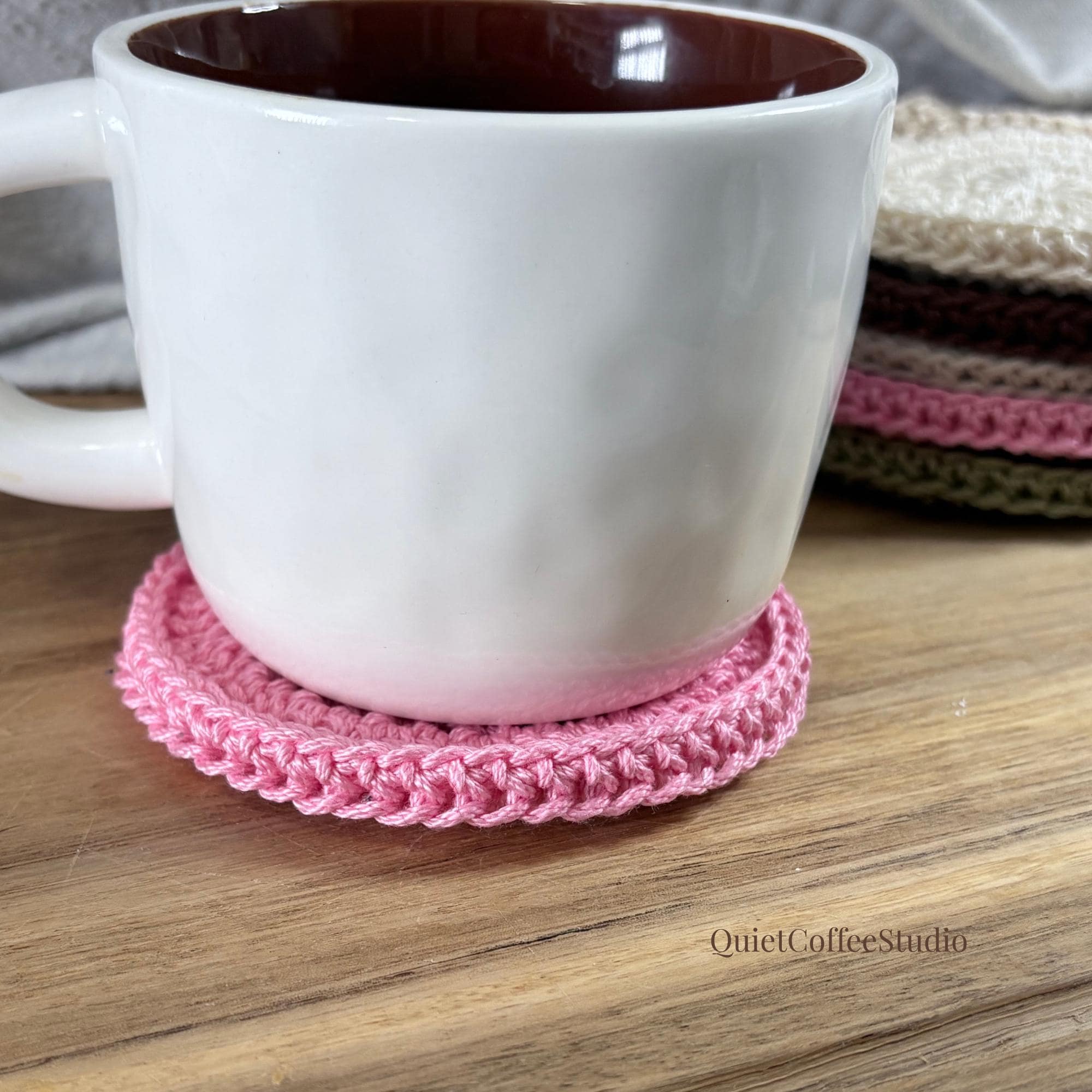 Handmade Crochet Mug Cosy & Coaster Set, Pink Coffee Gift Set, Coffee Lover Gift, Cute Desk Accessory, Cosy Coffee Decor