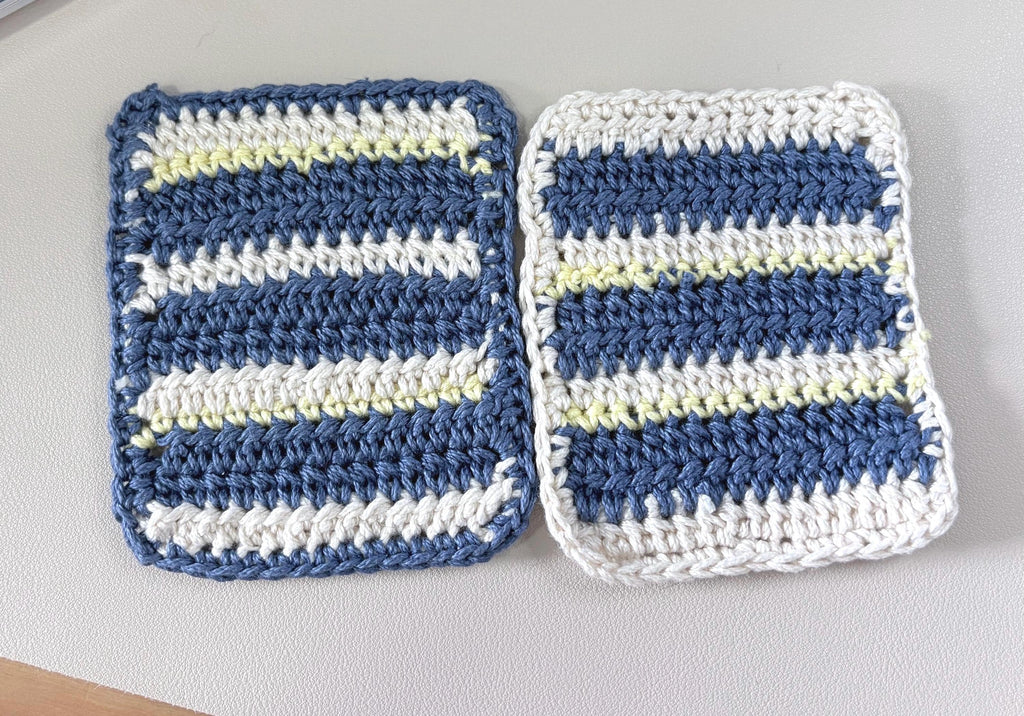 Crochet Coaster Set of 2, Handmade Cotton Drink Coasters, Blue Cream Striped Mug Rug, Coastal Boho Housewarming Gift, Coffee Lover Gift Set