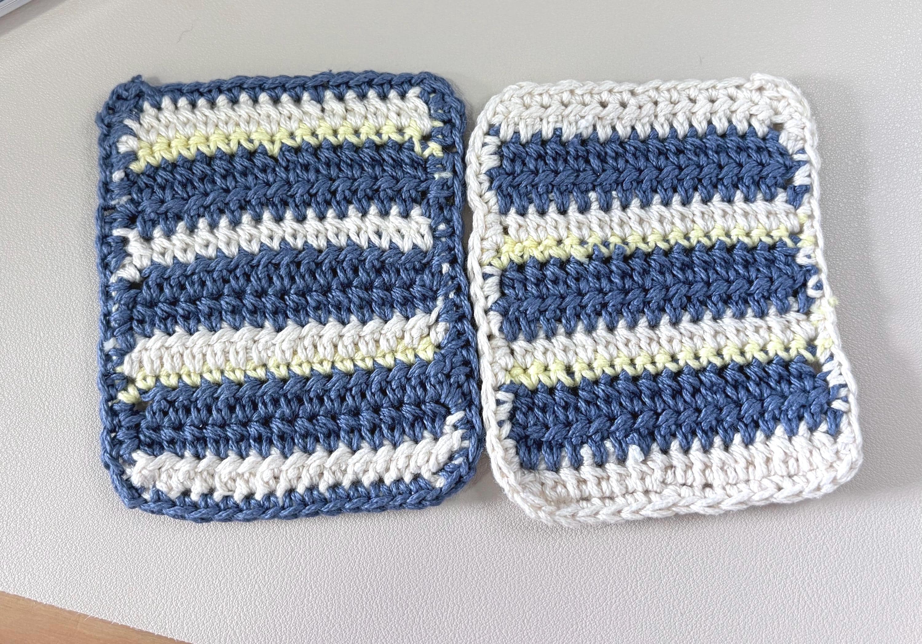 Crochet Coaster Set of 2, Handmade Cotton Drink Coasters, Blue Cream Striped Mug Rug, Coastal Boho Housewarming Gift, Coffee Lover Gift Set