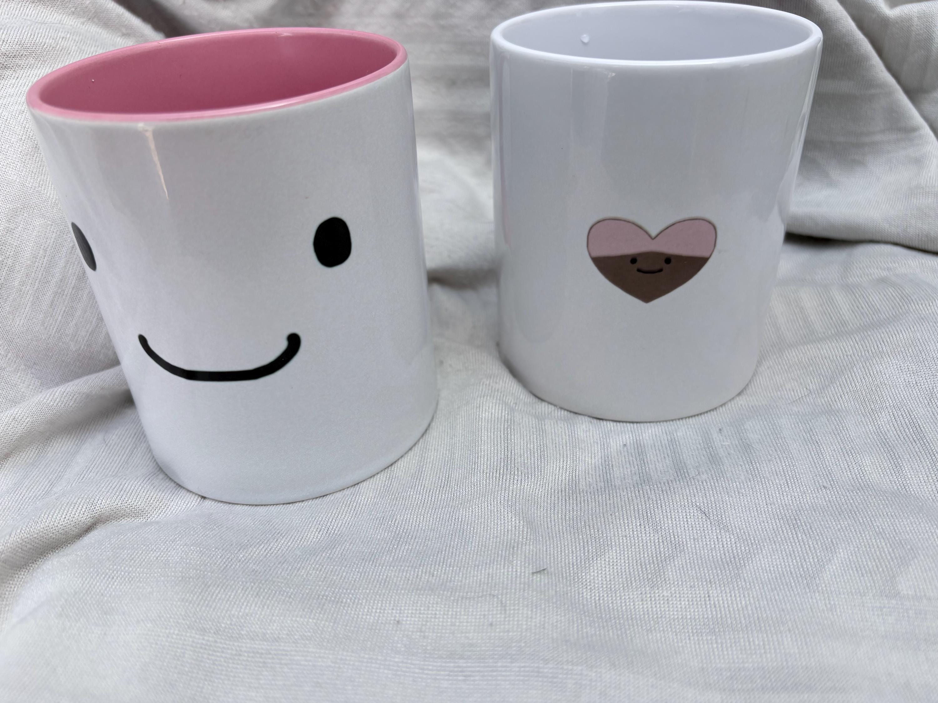 Heart Pink Ceramic Mug, Kawaii Coffee Cup, Cute Aesthetic Mug Gift for Her, White Interior Matcha Cup, Happy Face Coffee Lover Gift