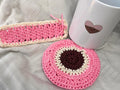 Strawberry Latte Crochet Coaster Set, Kawaii Pink Desk Decor, Cute Coffee Lover Gift for Her, Coquette Aesthetic Self Care Gift Box