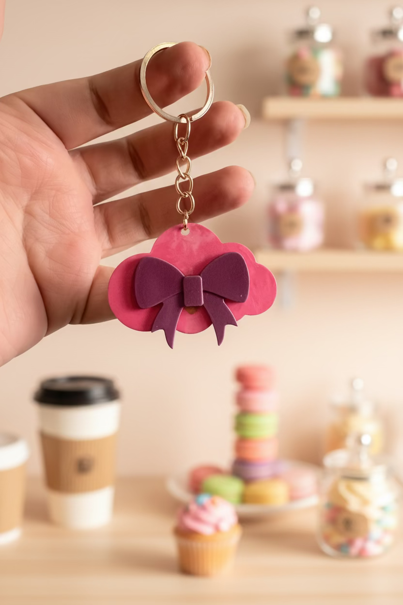 A hand holds a pink and purple bow-shaped keychain with a gold split ring, set against a blurred cafe background with macarons and a coffee cup.