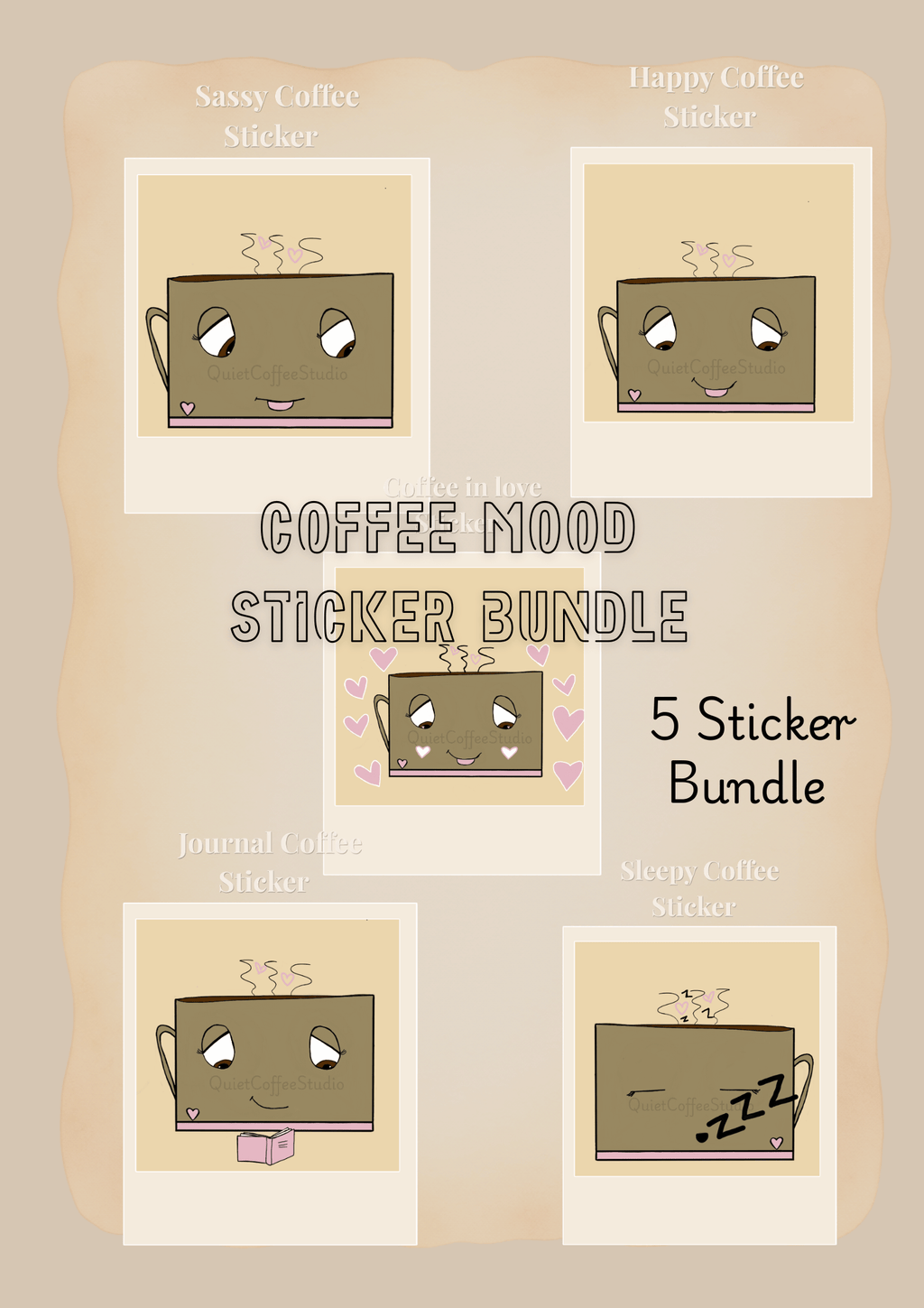 Coffee Mood Sticker Bundle (Digital Download) | Cute Cosy Aesthetic Coffee Stickers | Journal & Laptop Stickers | Quiet Coffee Studio