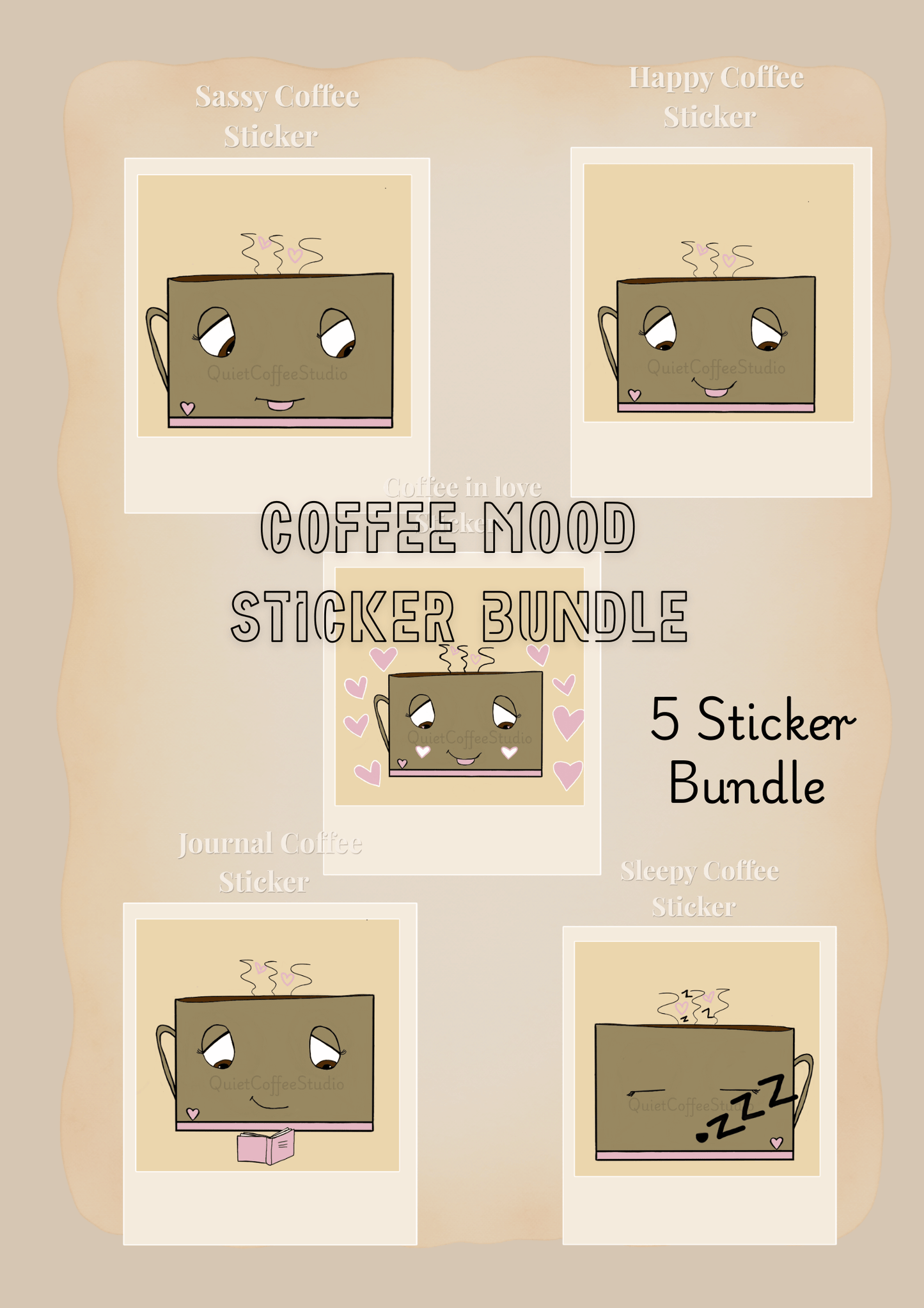Coffee Mood Sticker Bundle (Digital Download) | Cute Cosy Aesthetic Coffee Stickers | Journal & Laptop Stickers | Quiet Coffee Studio