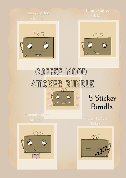 Coffee Mood Sticker Bundle (Digital Download) | Cute Cosy Aesthetic Coffee Stickers | Journal & Laptop Stickers | Quiet Coffee Studio