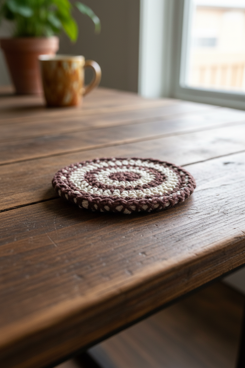 On a coffee bar we see a side angle of a beautiful cotton coaster with a double layer feature for heat protection. 
