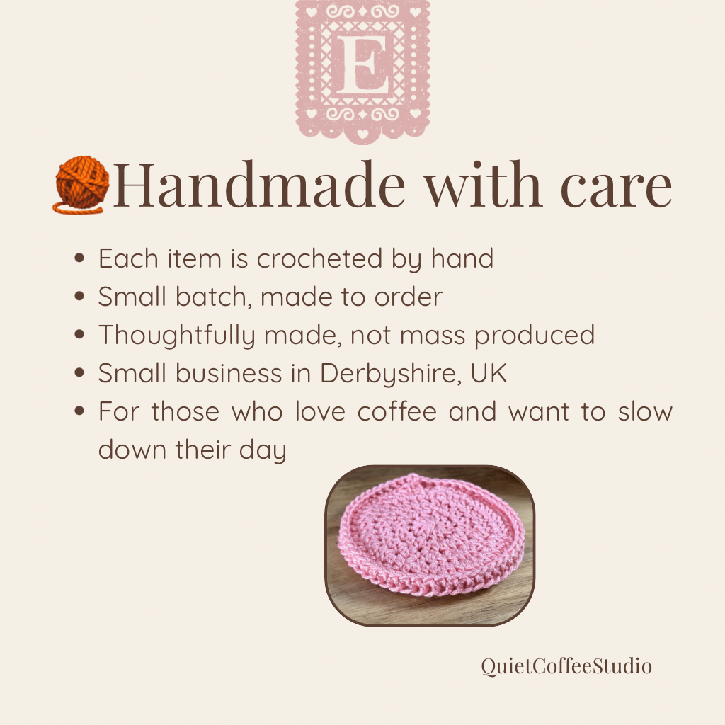Promotional image for handmade products with text about craftsmanship and origin, featuring a pink crocheted item.