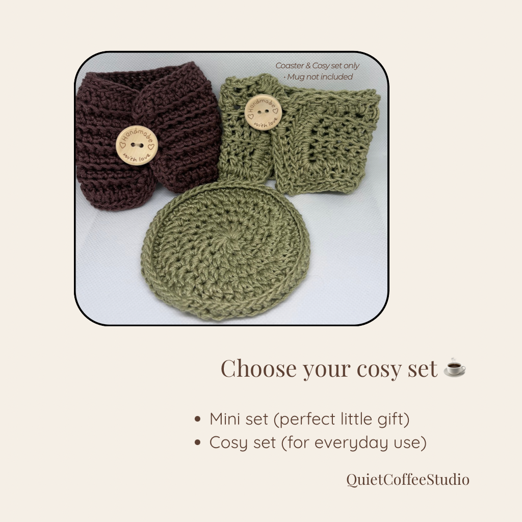 Crocheted coaster and mug cozy set with buttons on a light background, featuring QuietCoffeeStudio branding.