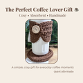 Brown crocheted coffee cozy on a white mug with text 'The Perfect Coffee Lover Gift' and 'QuietCoffeeStudio'.