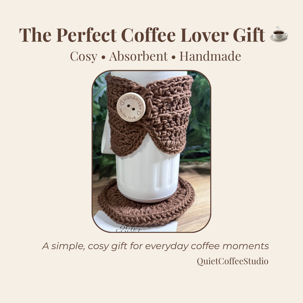 Brown crocheted coffee cozy on a white mug with text 'The Perfect Coffee Lover Gift' and 'QuietCoffeeStudio'.