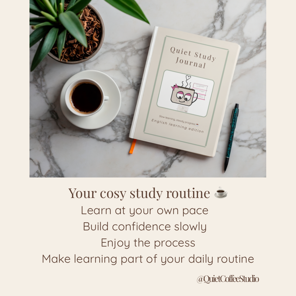 Journal titled 'Quiet Study Journal' with a cup of coffee and pen on a marble surface, featuring text about a cozy study routine.