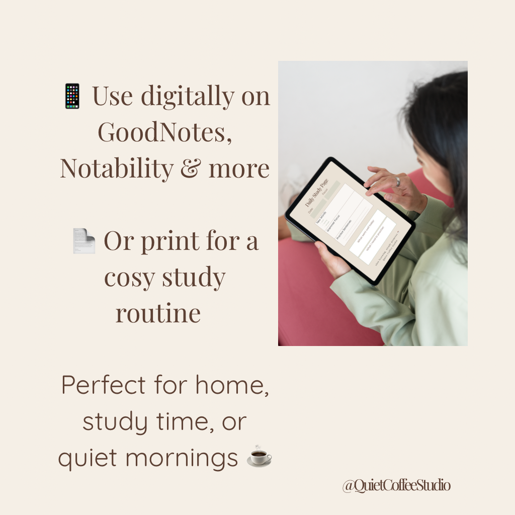 Person using a tablet with text about digital tools and print options for a cosy study routine.