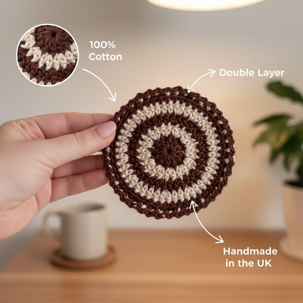 A hand holding a handmade crocheted circular coaster with concentric rings of dark brown and cream yarn, set against a cozy background of pillows.