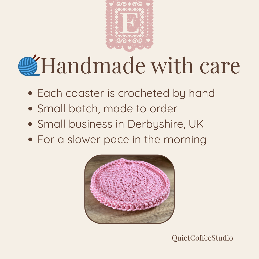 Handmade pink crochet coaster on a wooden surface with branding and text about the product.