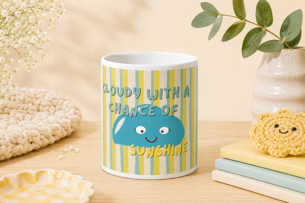 Cloudy with a Chance of Sunshine Mug, Cute Cloud Coffee Cup, Aesthetic Ceramic Mug, Positive Quote Gift for Her, Kawaii Coffee Mug
