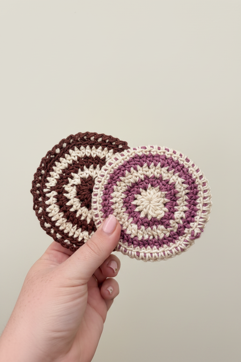 A hand holds two round crocheted coasters against a plain light beige background. One coaster is brown and cream, and the other is cream and dusty purple.