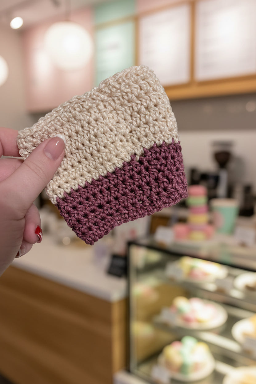 Finished handmade crochet cup sleeve in lavender purple and cream stripe