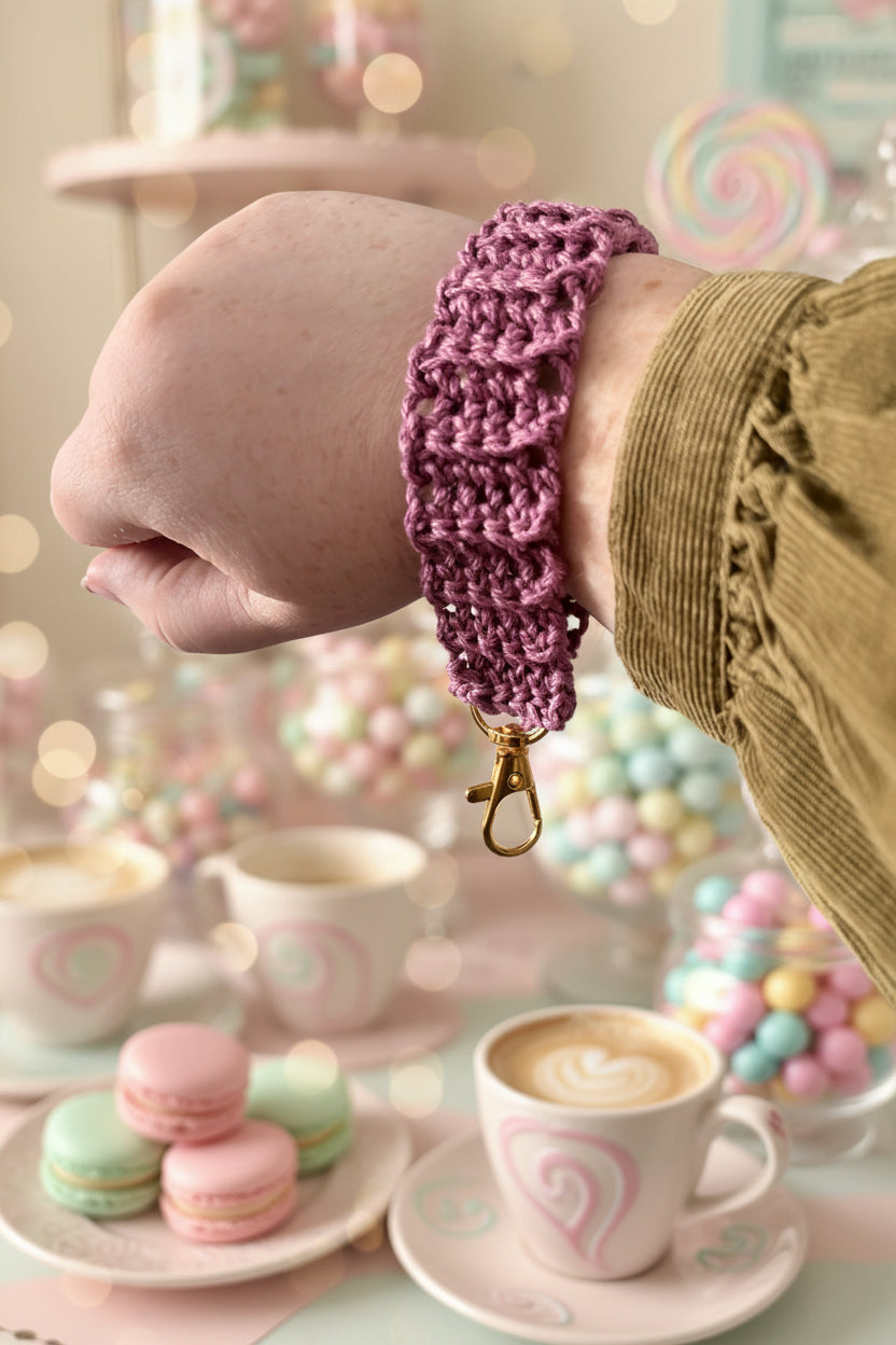 Crochet wrist strap in dusty purple worn on wrist with gold lobster clasp