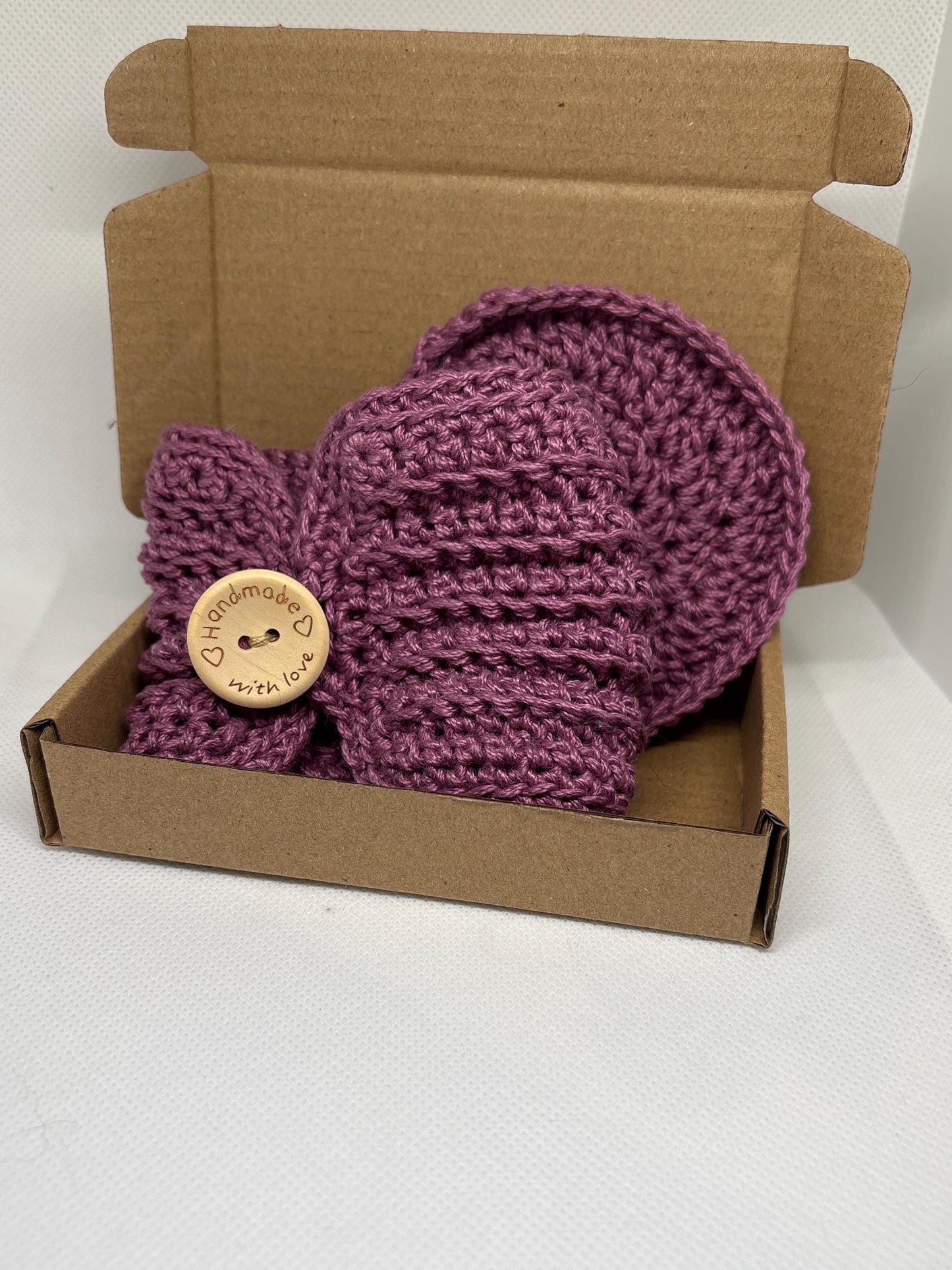 Lavender Crocheted coaster and travel cup cosy. with wooden button. 