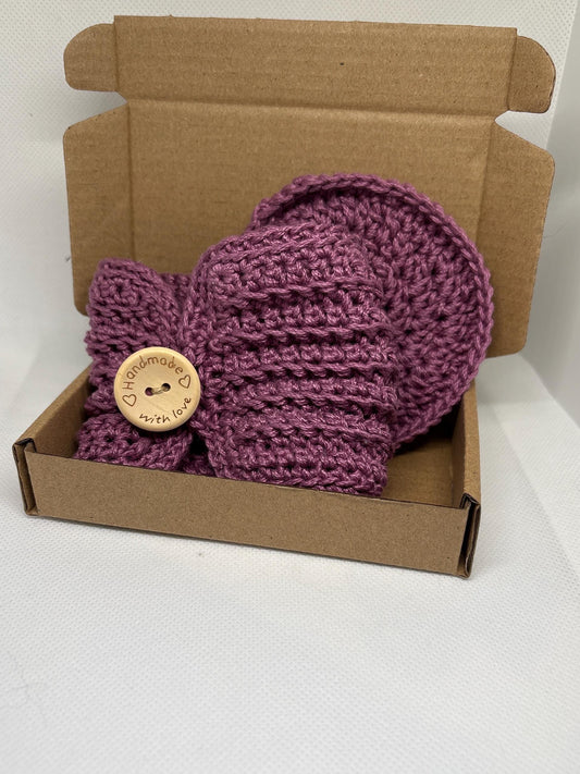 Lavender Crocheted coaster and travel cup cosy. with wooden button. 