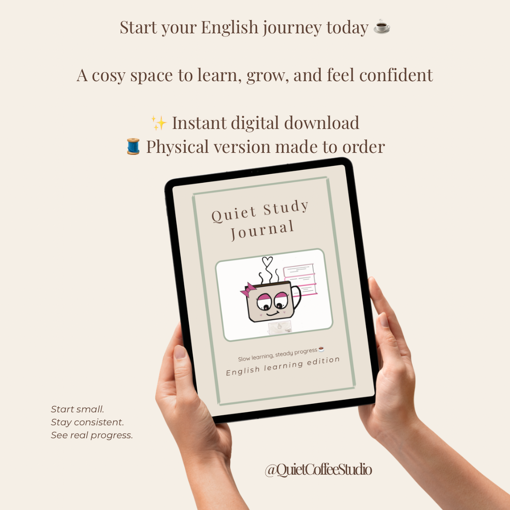 E-book titled 'Quiet Study Journal' displayed on a tablet held by hands against a light background.