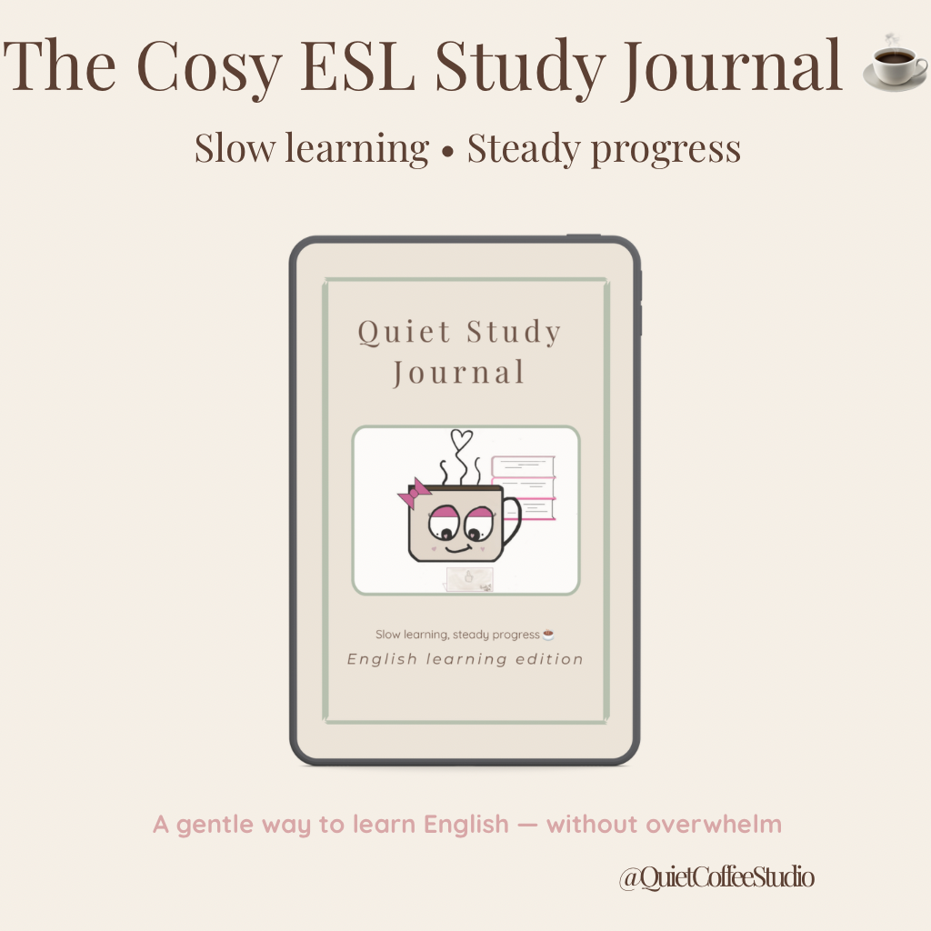 Cover of 'The Cosy ESL Study Journal' with an illustration of a coffee cup on a white background.