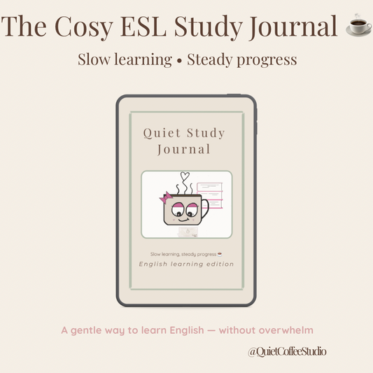 Cover of 'The Cosy ESL Study Journal' with an illustration of a coffee cup on a white background.