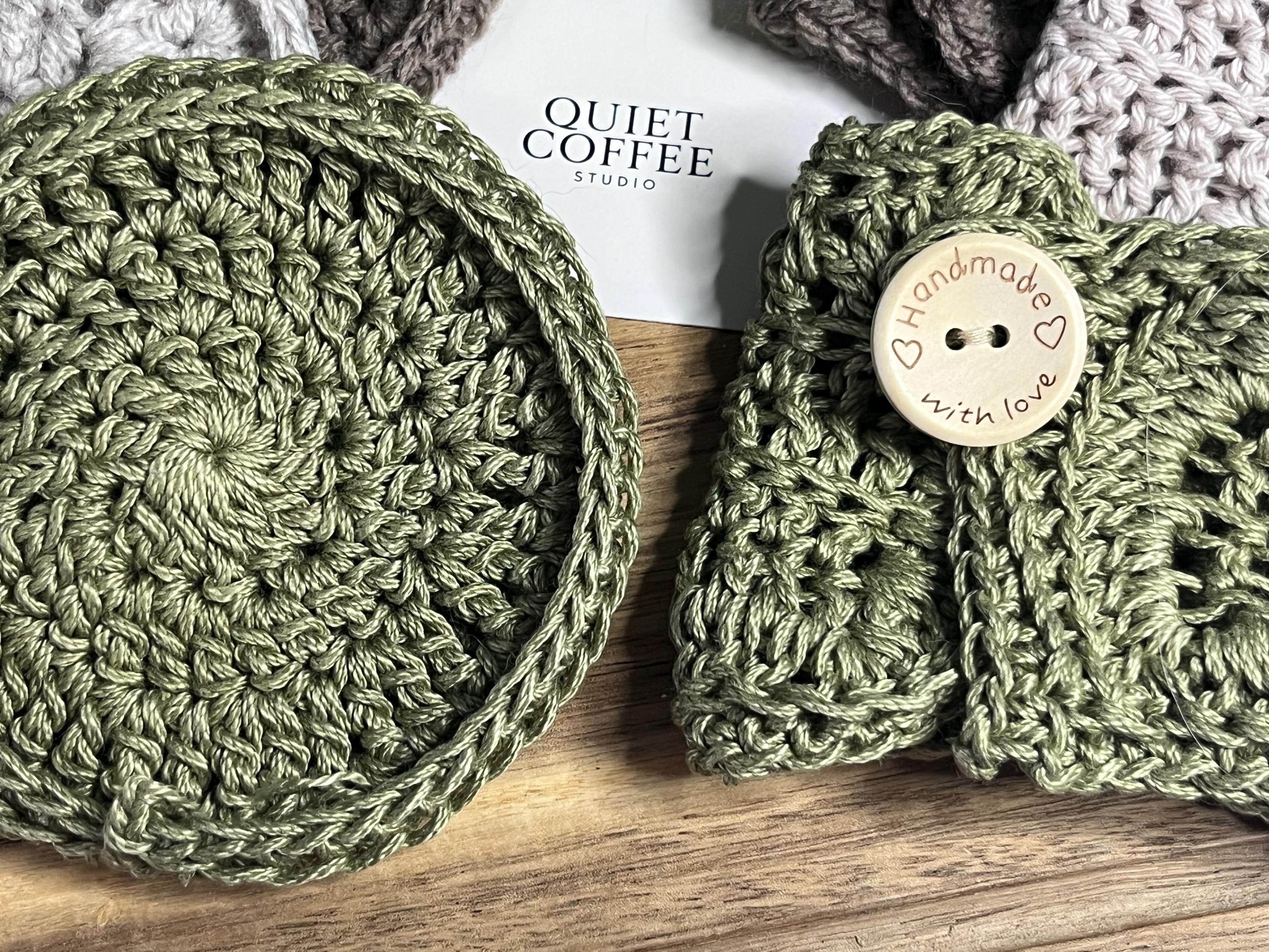 Handmade Crochet Mug Cosy and Coaster Set, Matcha Green Cotton Cup Warmer, Cottagecore Kitchen Decor, Coffee Lover Housewarming Gift
