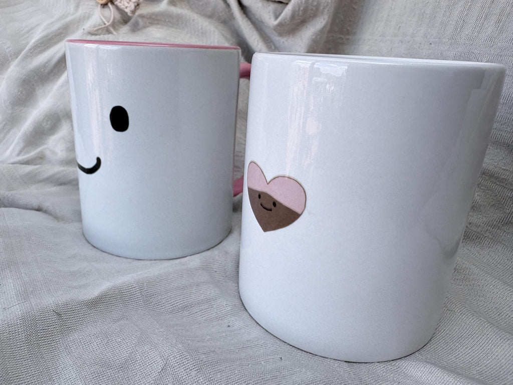 Heart Pink Ceramic Mug, Kawaii Coffee Cup, Cute Aesthetic Mug Gift for Her, White Interior Matcha Cup, Happy Face Coffee Lover Gift