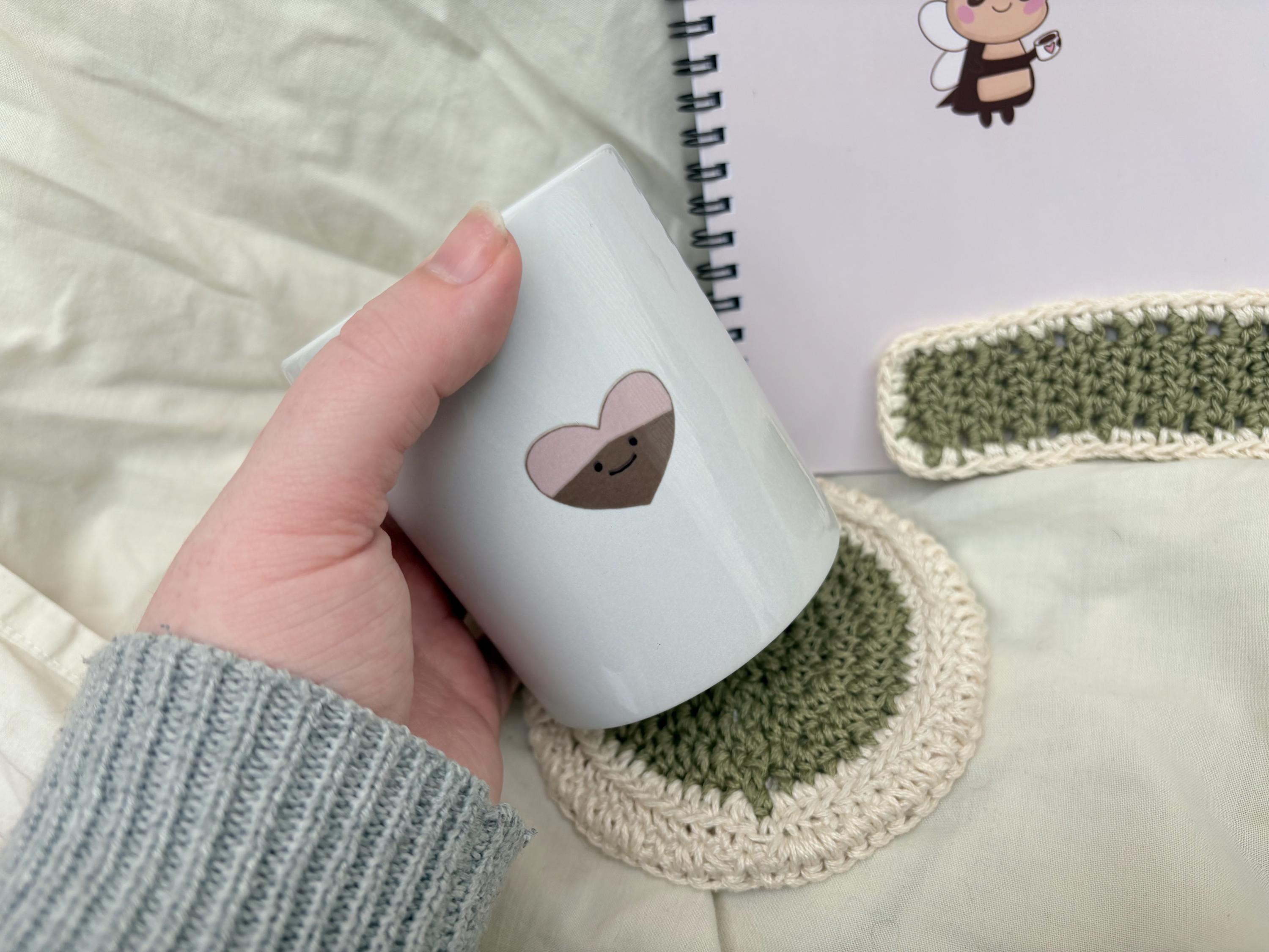 Heart Pink Ceramic Mug, Kawaii Coffee Cup, Cute Aesthetic Mug Gift for Her, White Interior Matcha Cup, Happy Face Coffee Lover Gift
