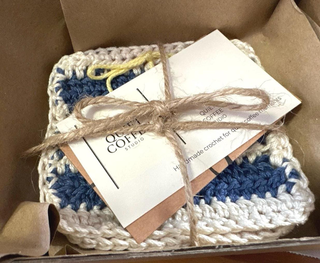 Crochet Coaster Set of 2, Handmade Cotton Drink Coasters, Blue Cream Striped Mug Rug, Coastal Boho Housewarming Gift, Coffee Lover Gift Set