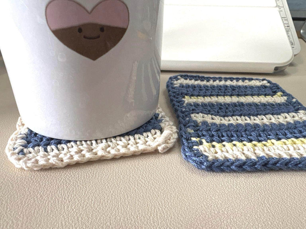 Crochet Coaster Set of 2, Handmade Cotton Drink Coasters, Blue Cream Striped Mug Rug, Coastal Boho Housewarming Gift, Coffee Lover Gift Set