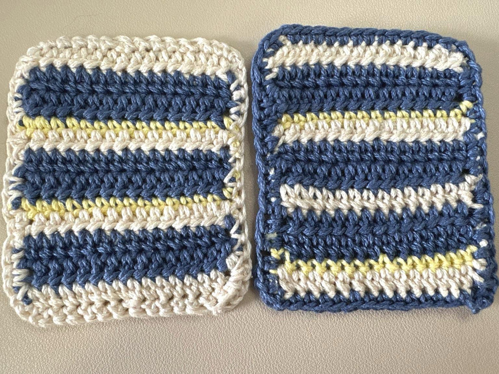 Crochet Coaster Set of 2, Handmade Cotton Drink Coasters, Blue Cream Striped Mug Rug, Coastal Boho Housewarming Gift, Coffee Lover Gift Set
