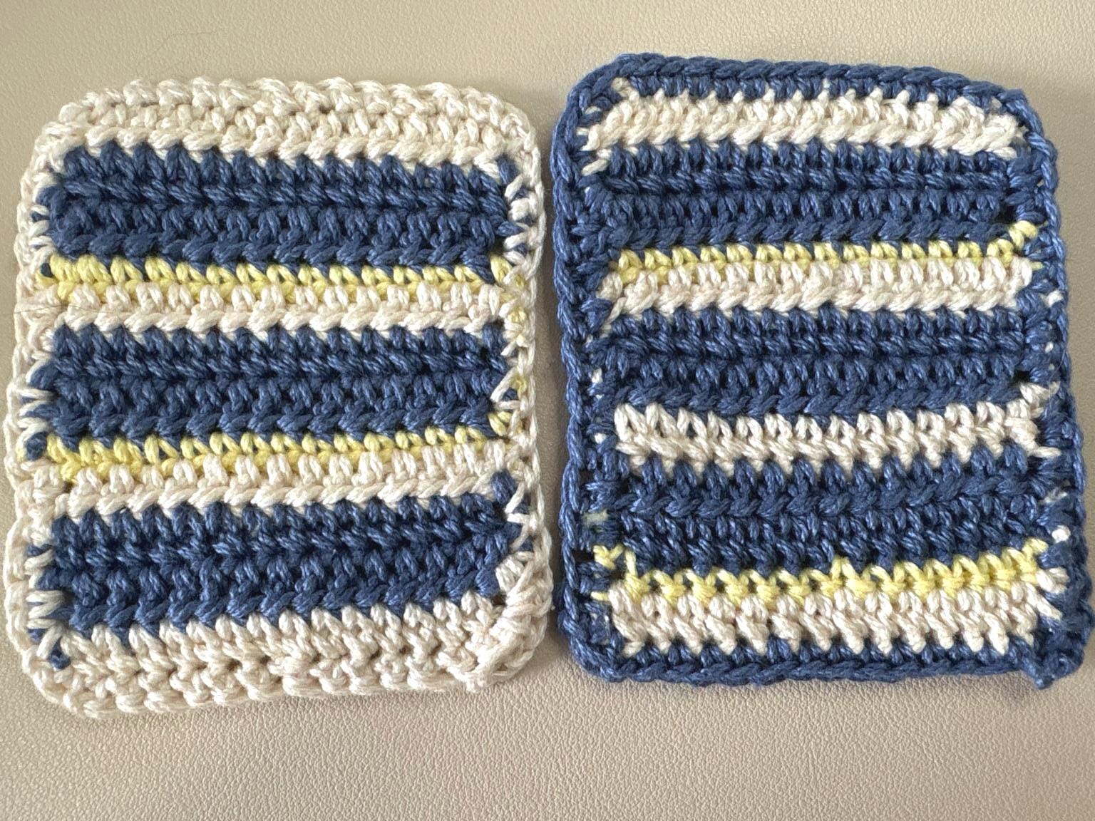 Crochet Coaster Set of 2, Handmade Cotton Drink Coasters, Blue Cream Striped Mug Rug, Coastal Boho Housewarming Gift, Coffee Lover Gift Set