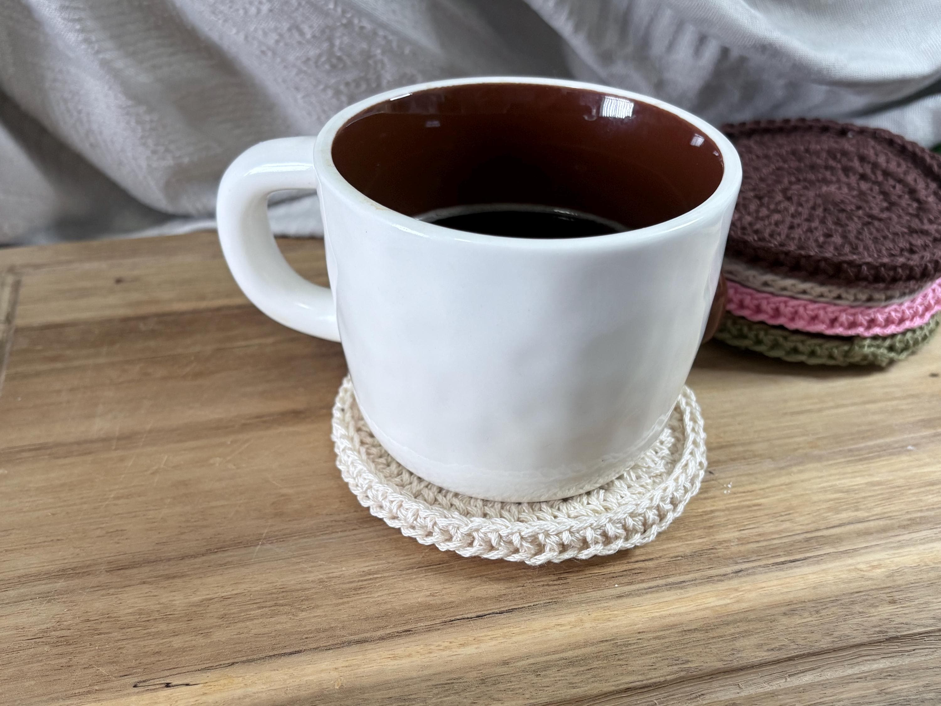 Handmade Crochet Mug Cosy and Coaster Set, Cotton Coffee Cup Warmer, Cottagecore Kitchen Decor, Cozy Tea Coaster, Housewarming Gift