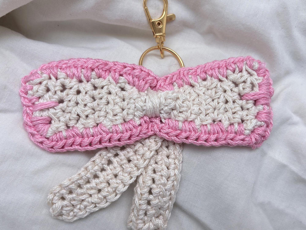 Crochet Bow Keyring Bag Charm, Handmade Cotton Gift for Her, Teacher Gift, Graduation Present
