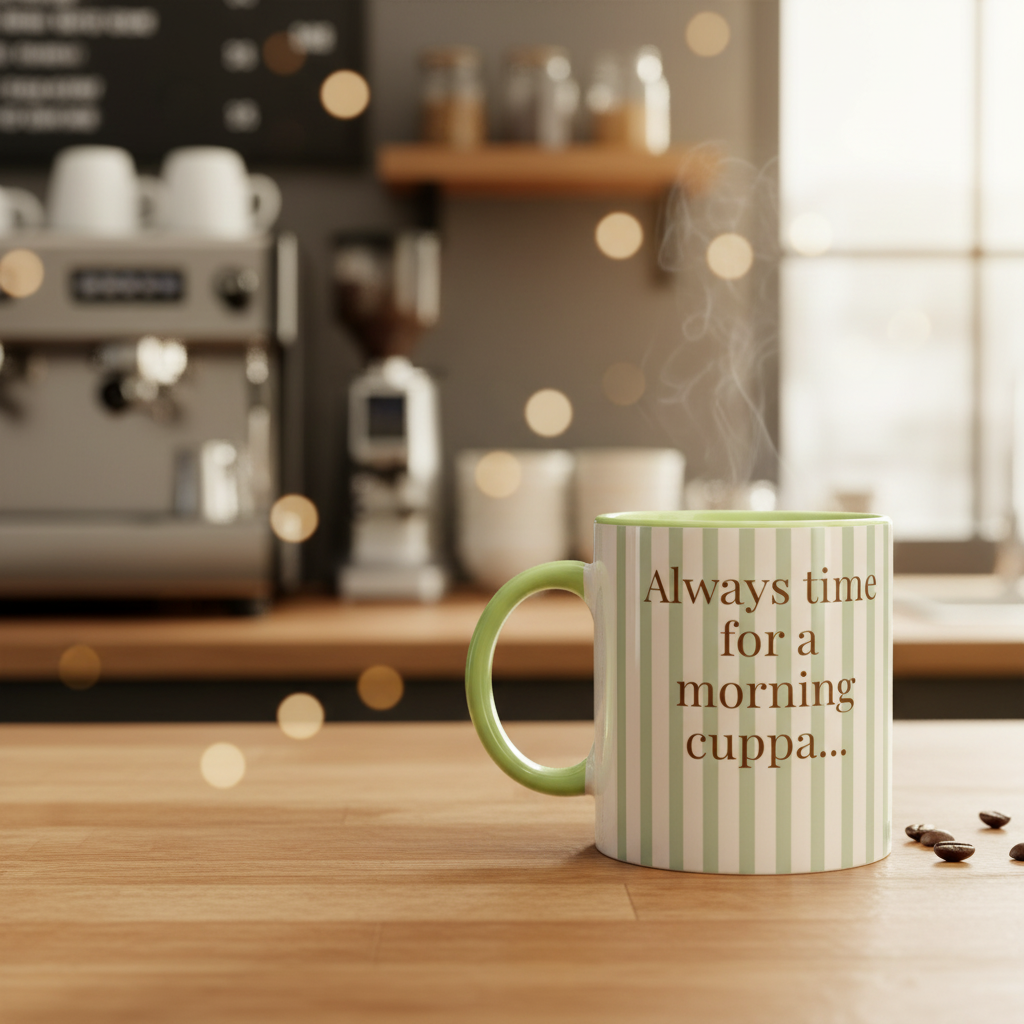 Quiet Coffee Cup – Sage Green & Cream Striped Ceramic Mug