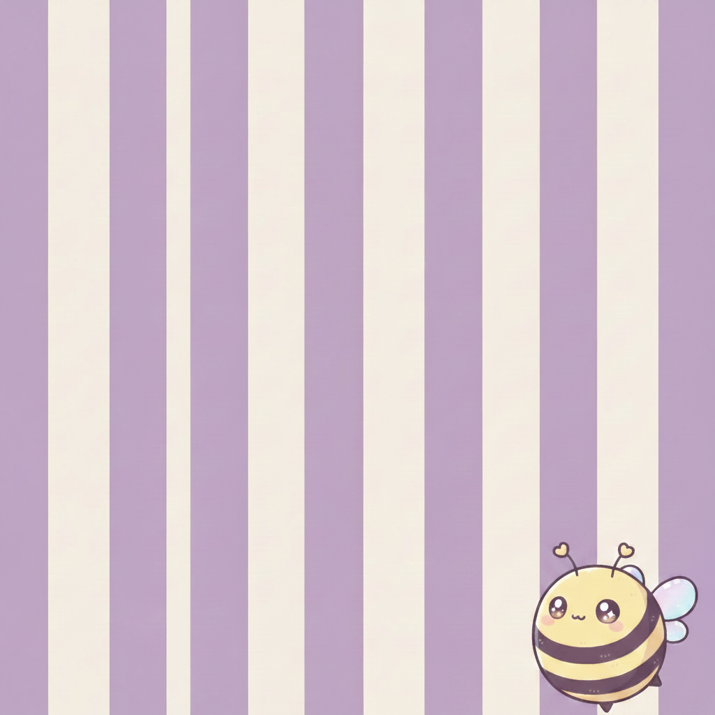 A cute cartoon bee character with large eyes and heart-shaped antennae, positioned in the lower-right corner against a lavender and cream vertical striped background.
